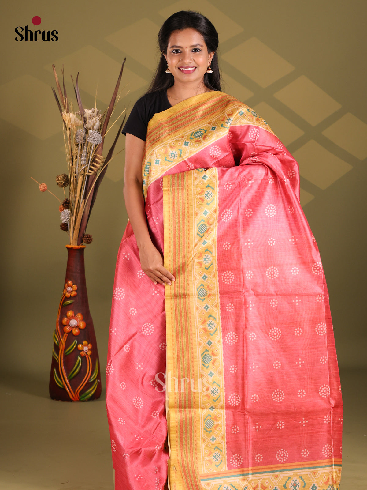 Pink & Mustard - Champa semitussar Saree - Shop on Shrus.com