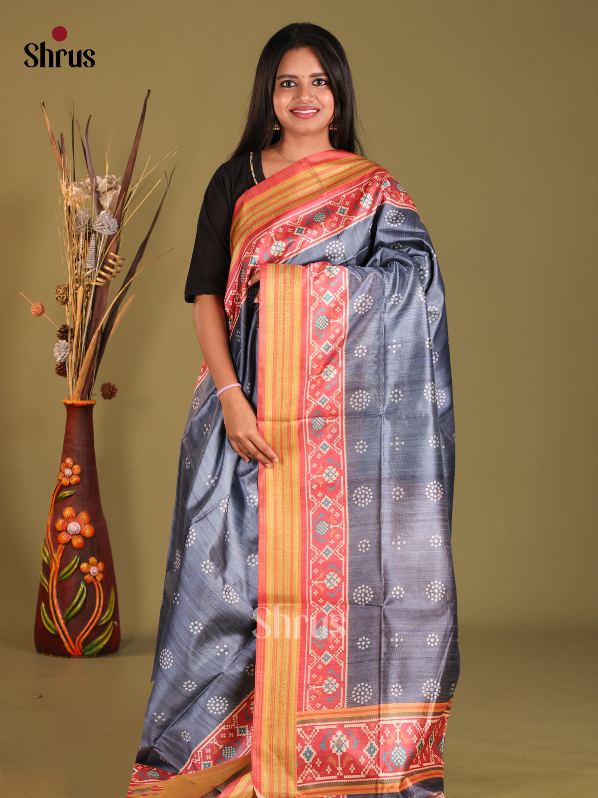 Elephant Grey & Orange- Champa semitussar Saree - Shop on Shrus.com