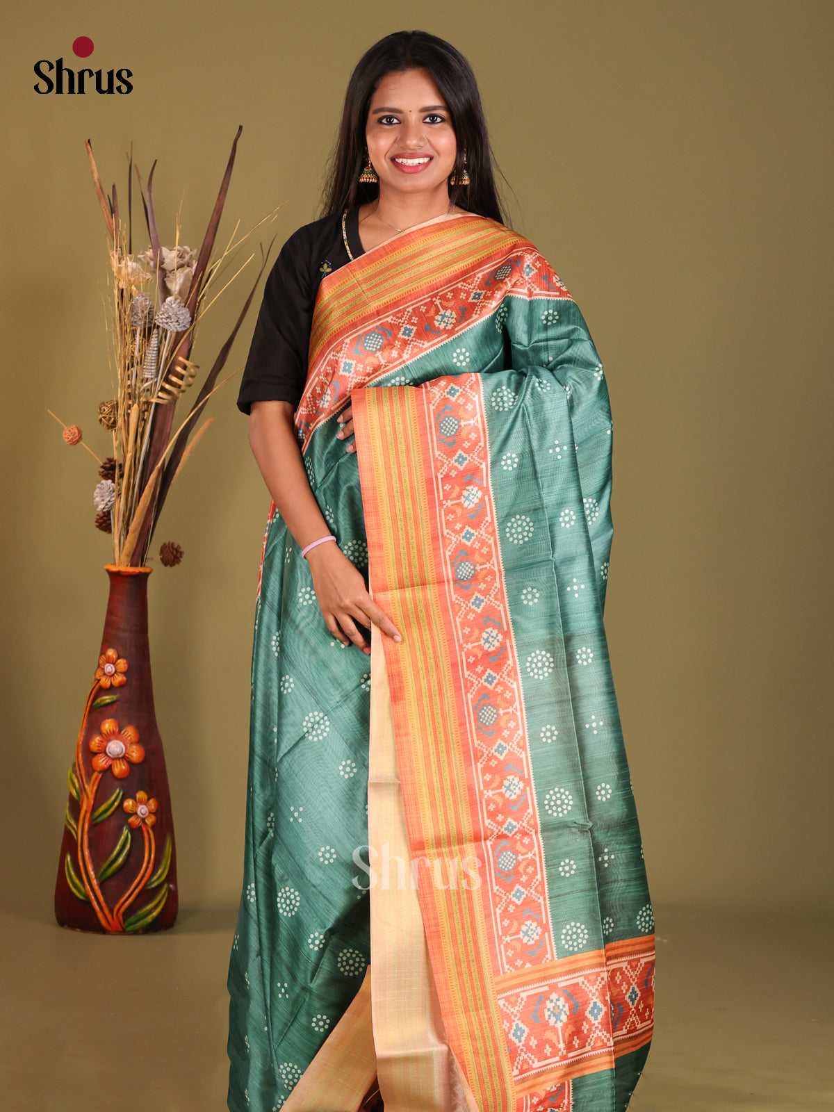 Green & Orange- Champa semitussar Saree - Shop on Shrus.com