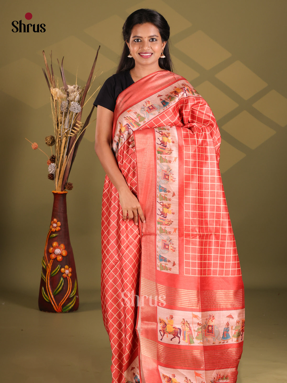 Red - Champa semitussar Saree - Shop on Shrus.com