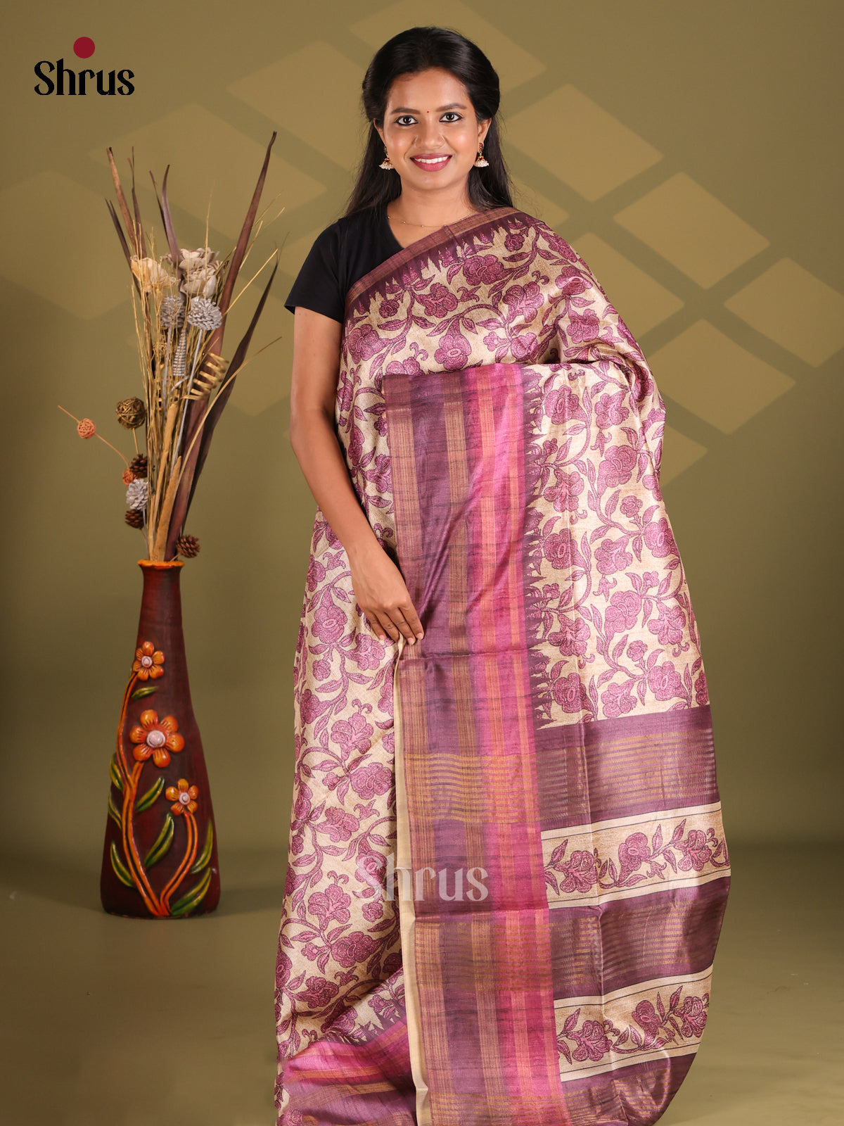 Cream & Purple - Champa semitussar Saree - Shop on Shrus.com
