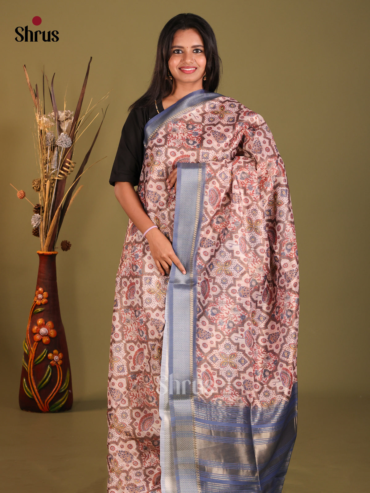 Peach & Blue - Champa semitussar Saree - Shop on Shrus.com