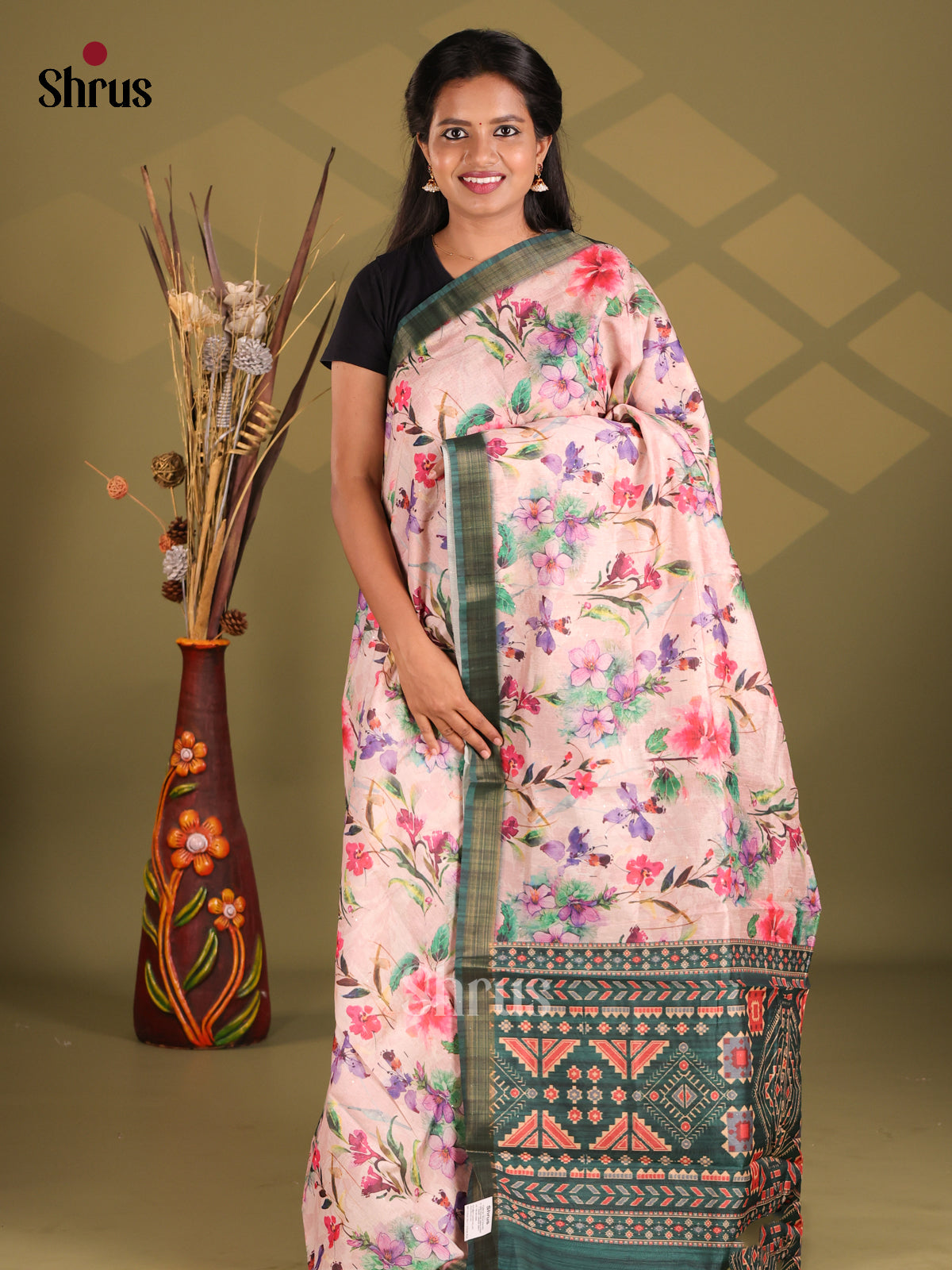 Pink & Green- Champa semitussar Saree - Shop on Shrus.com