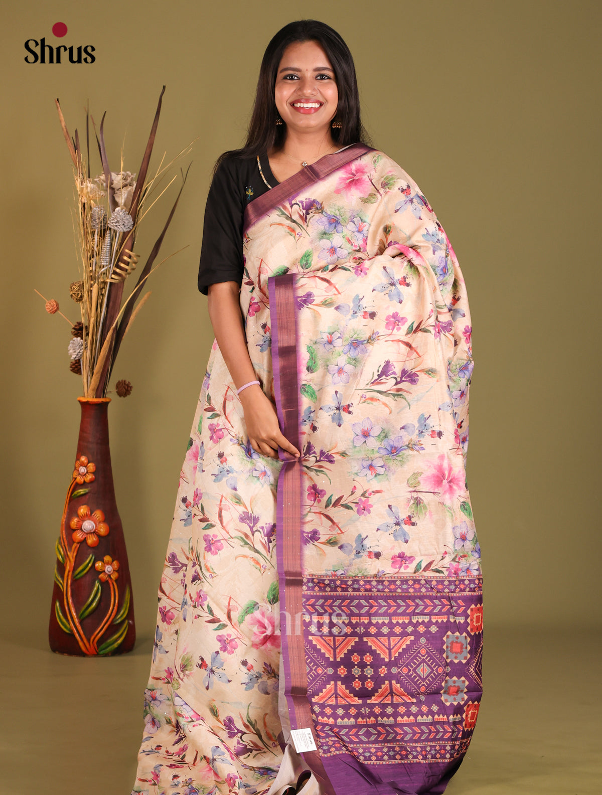 Cream & Purple - Champa semitussar Saree - Shop on Shrus.com