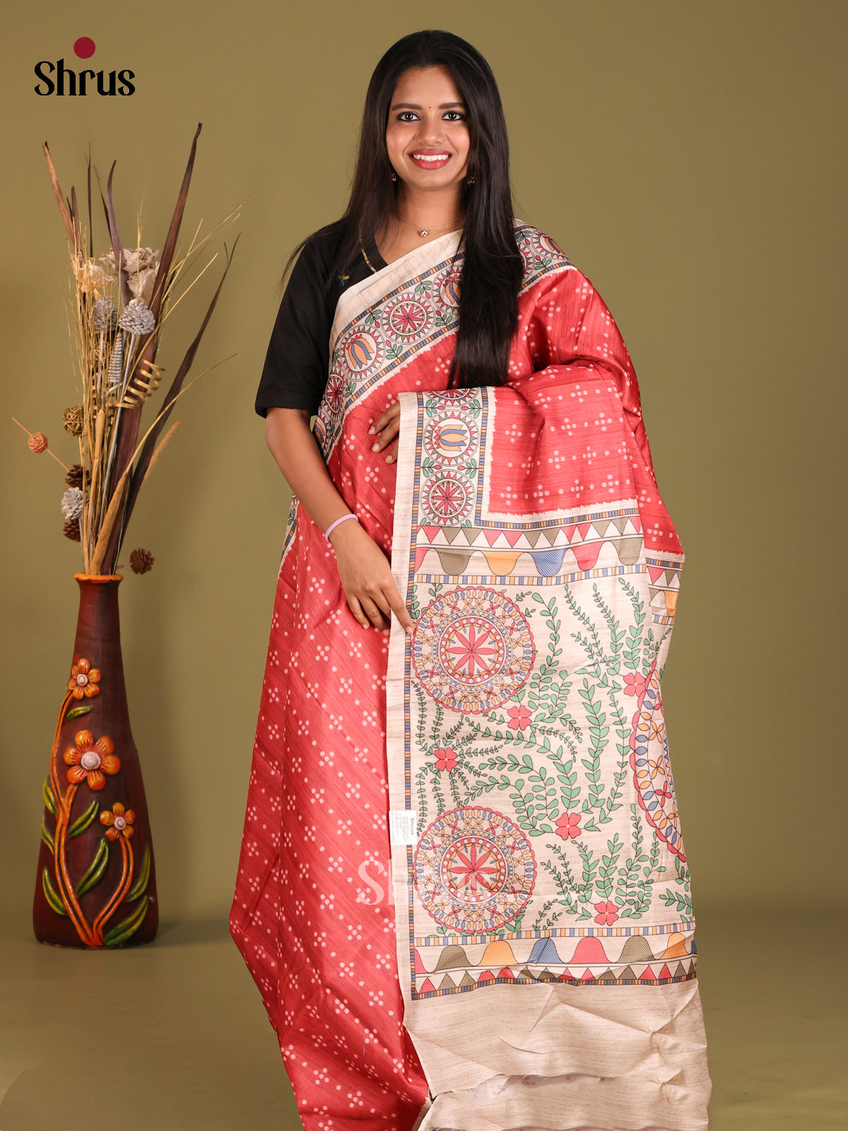 Red & Cream- Champa semitussar Saree - Shop on Shrus.com