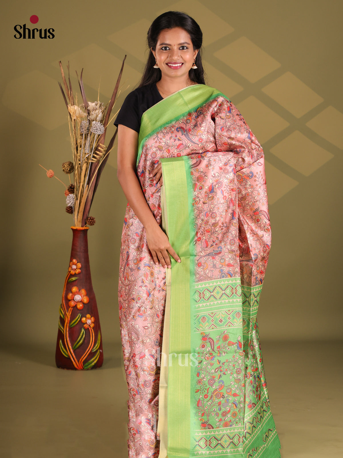 Pink & Green - Champa semitussar Saree - Shop on Shrus.com