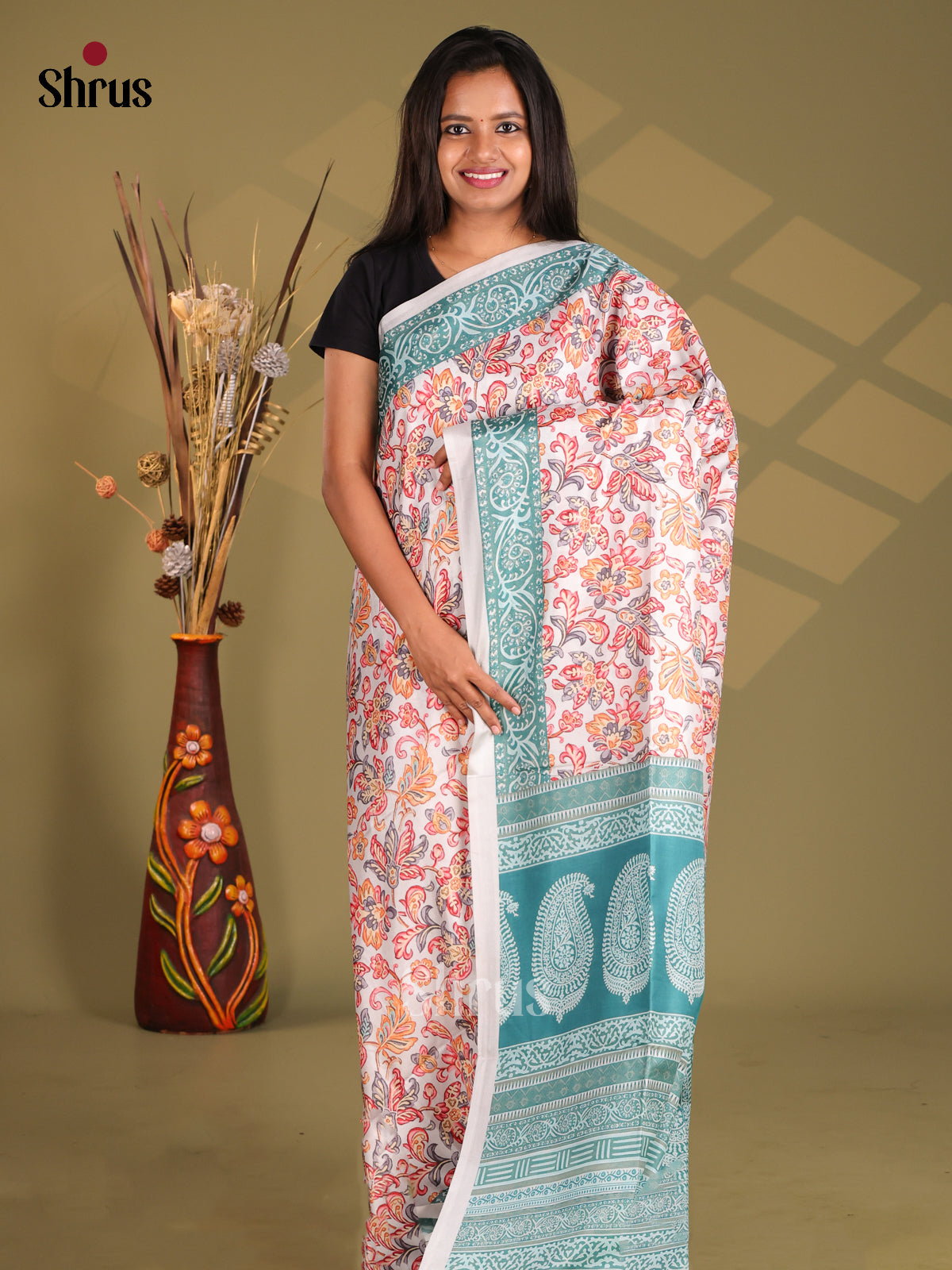 Cream & Blue - Champa semitussar Saree - Shop on Shrus.com