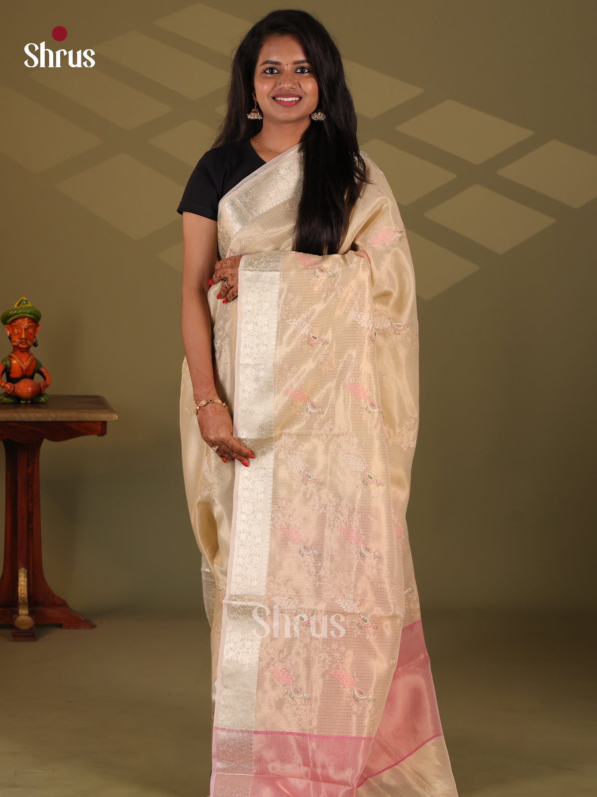 Cream & Onion Pink - Semi Tissue Saree - Shop on Shrus.com