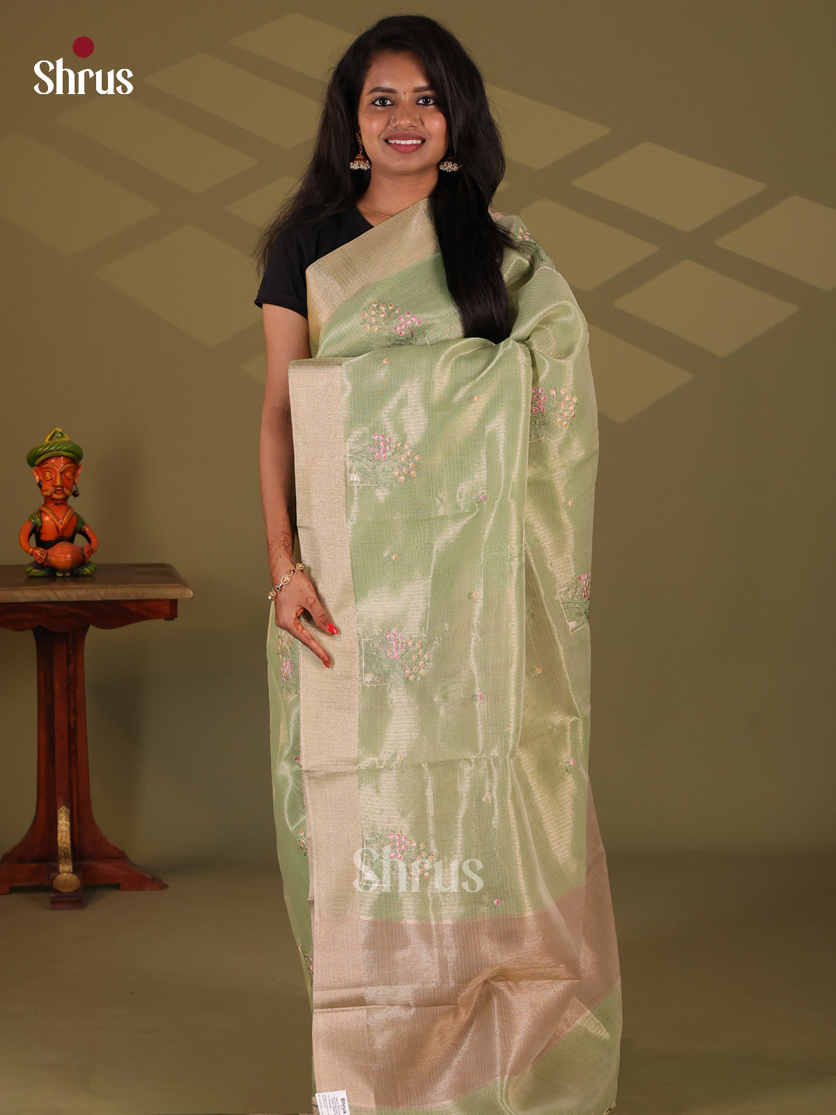 Green & Grey - Semi Tissue Saree - Shop on Shrus.com