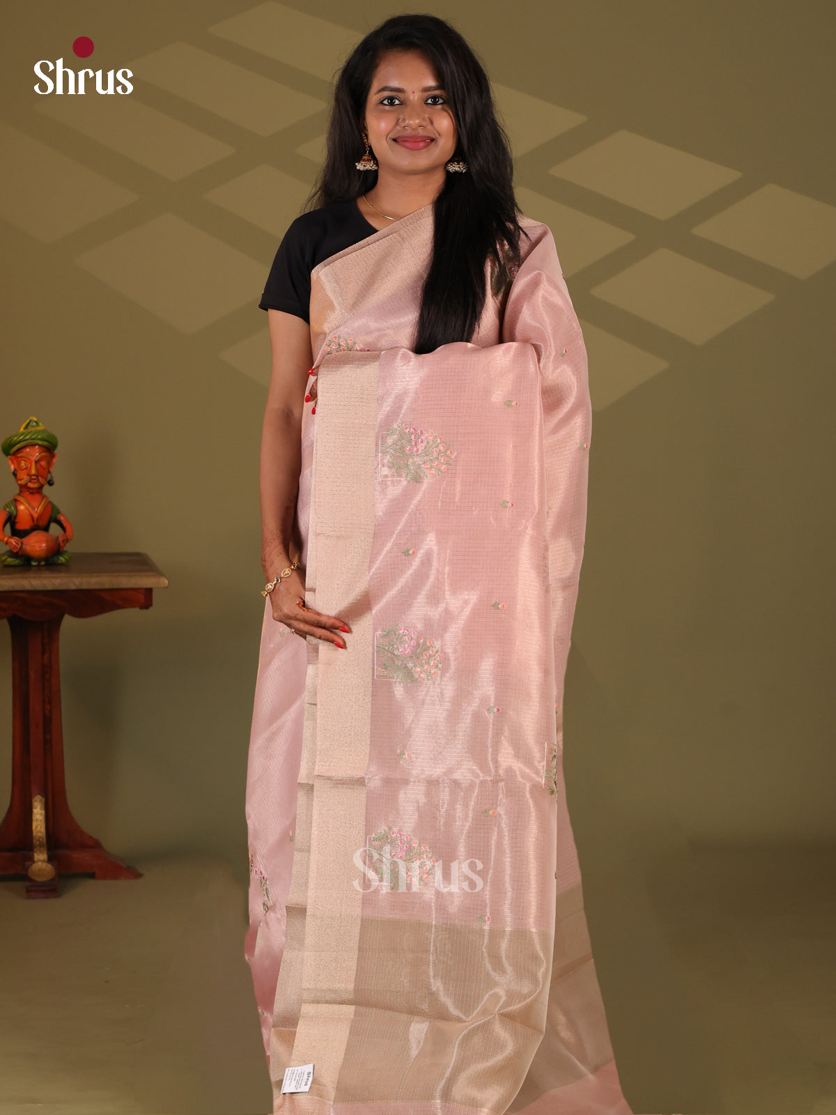Pink & Grey- Semi Tissue Saree - Shop on Shrus.com
