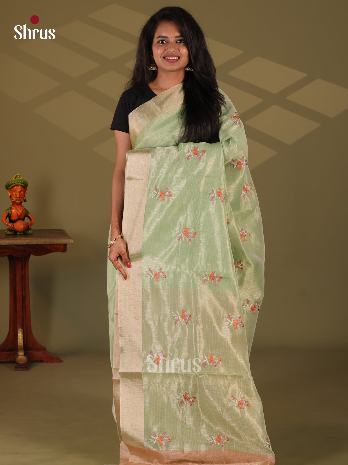 Green & Beige  - Semi Tissue Saree - Shop on Shrus.com