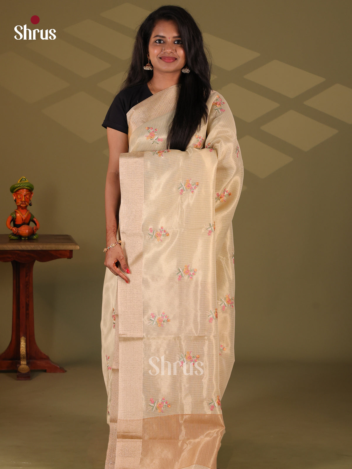 Cream - Semi Tissue Saree - Shop on Shrus.com