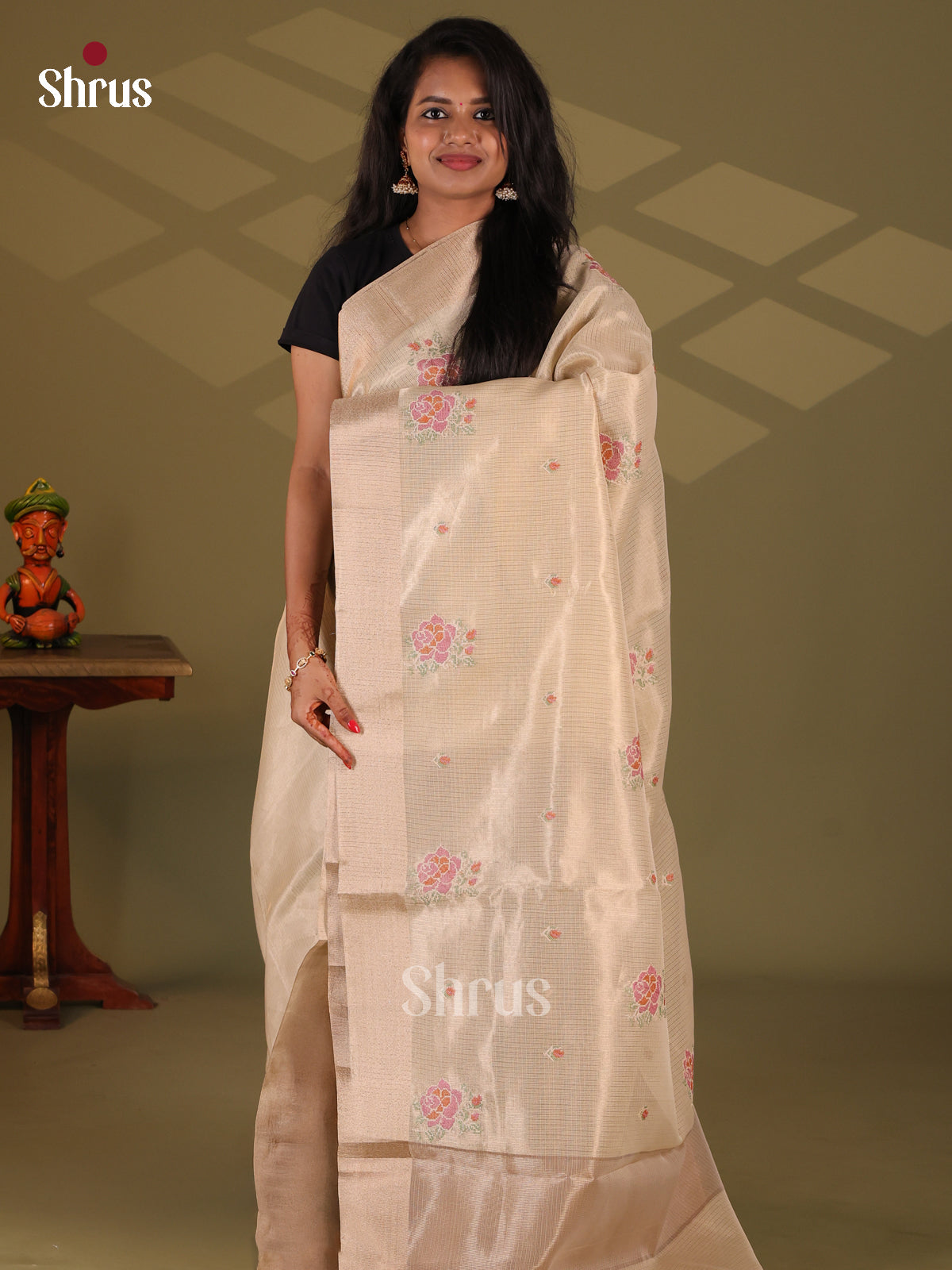 Cream - Semi Tissue Saree - Shop on Shrus.com