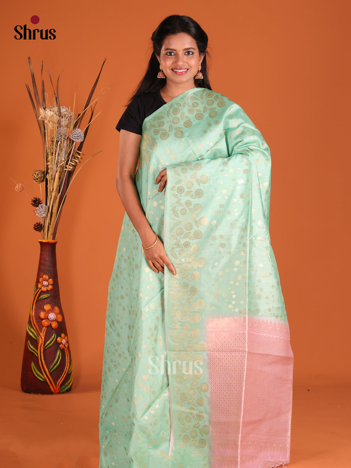 Teal Green & Pink - Semi Tussar Saree - Shop on Shrus.com