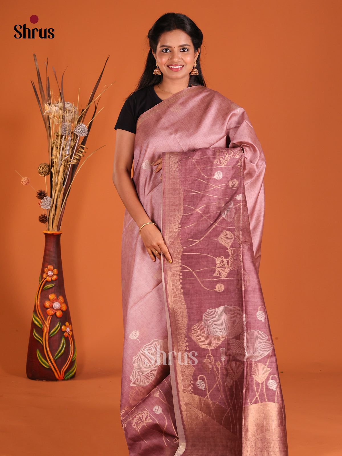 Onion Pink & Brown- Semi Tussar Saree - Shop on Shrus.com