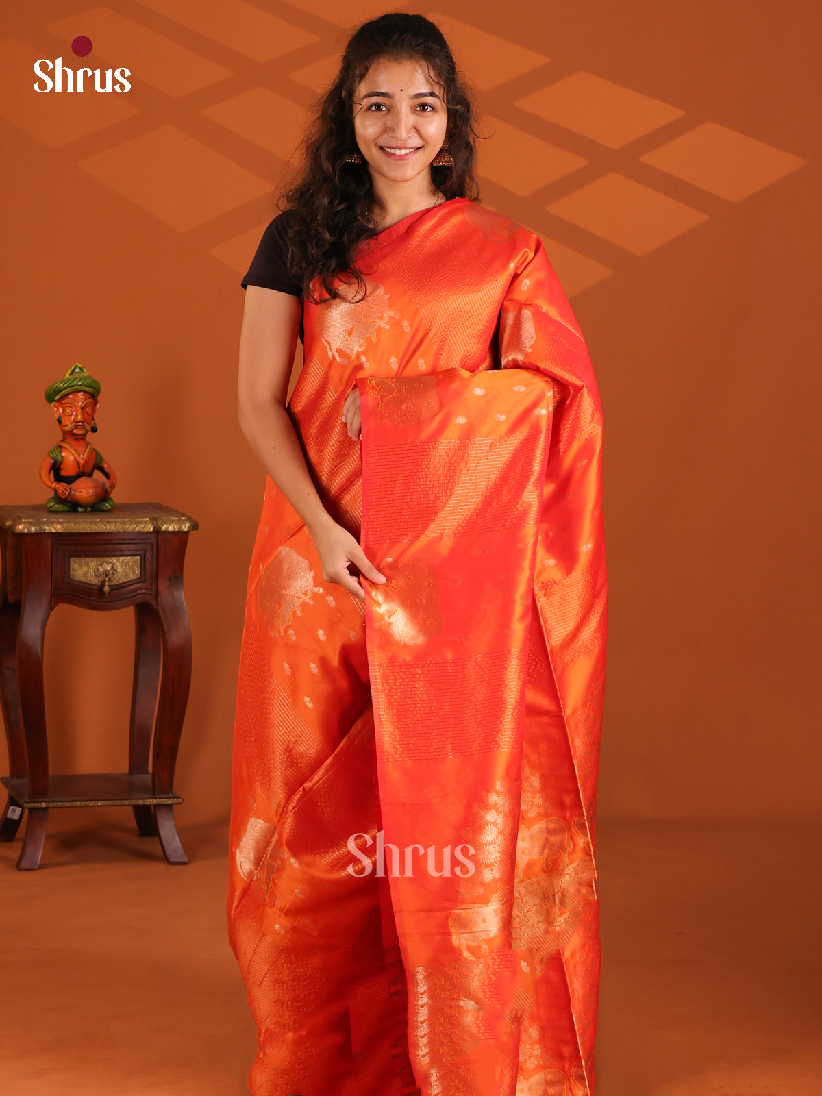 Orange with Green - Semi Softsilk Saree - Shop on Shrus.com