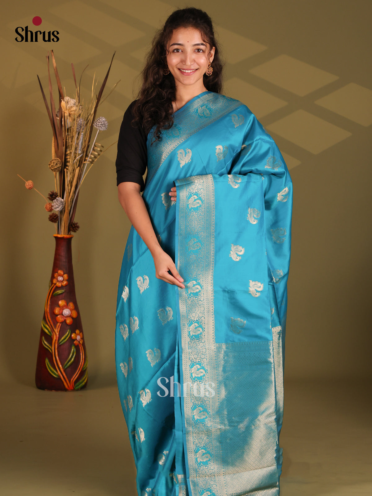 Teal Blue- Semi Softsilk Saree - Shop on Shrus.com