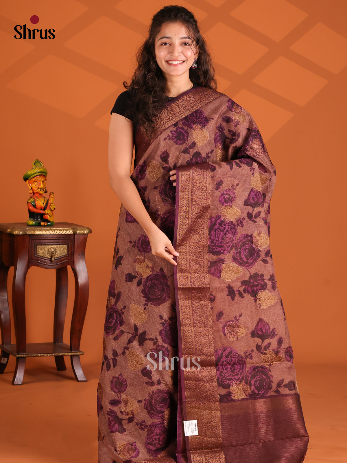 Brown - Semi Linen printed Saree - Shop on Shrus.com