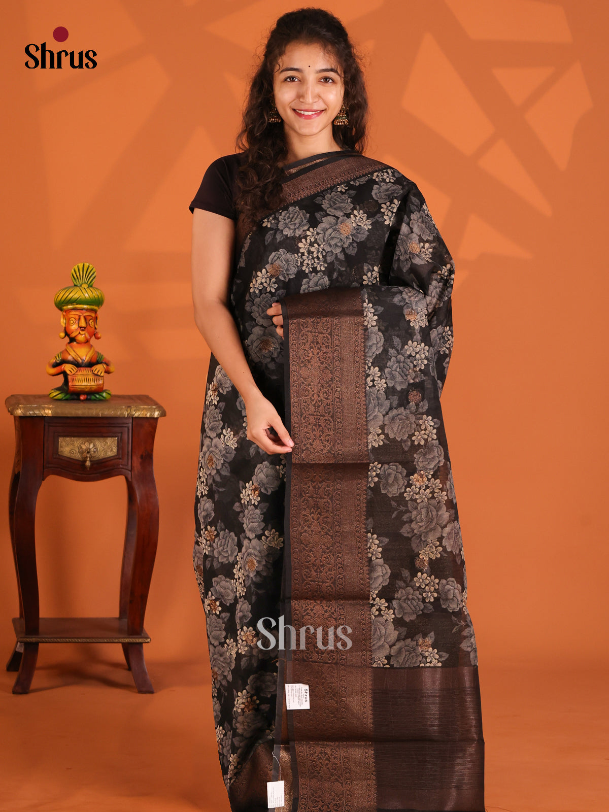 Black - Semi Linen print Saree - Shop on Shrus.com