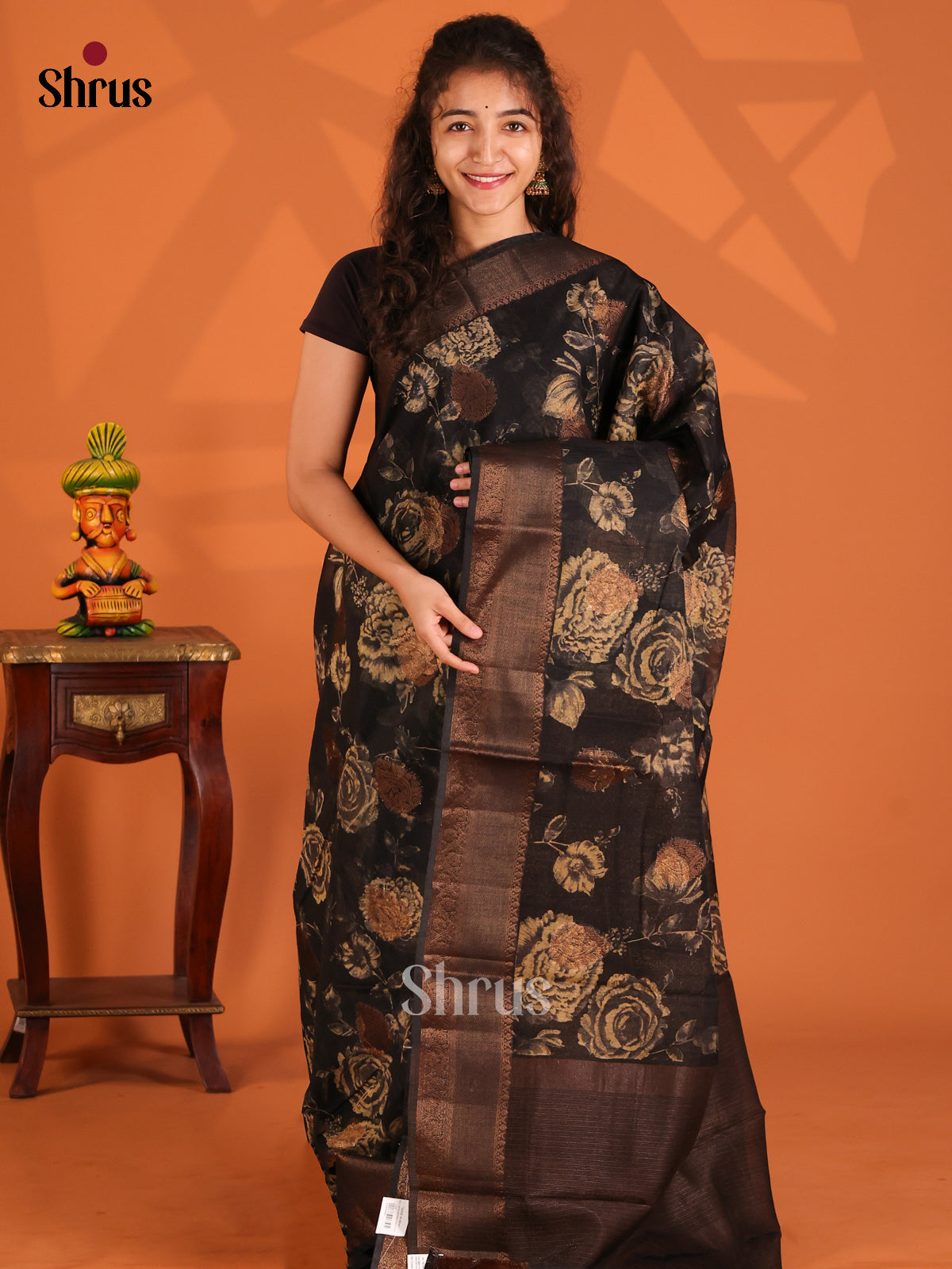 Black - Semi Linen Print Saree - Shop on Shrus.com