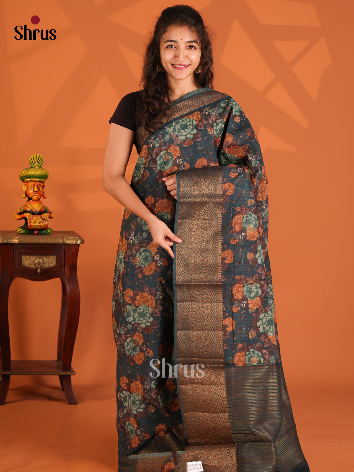 Black - Semi Linen print  Saree - Shop on Shrus.com