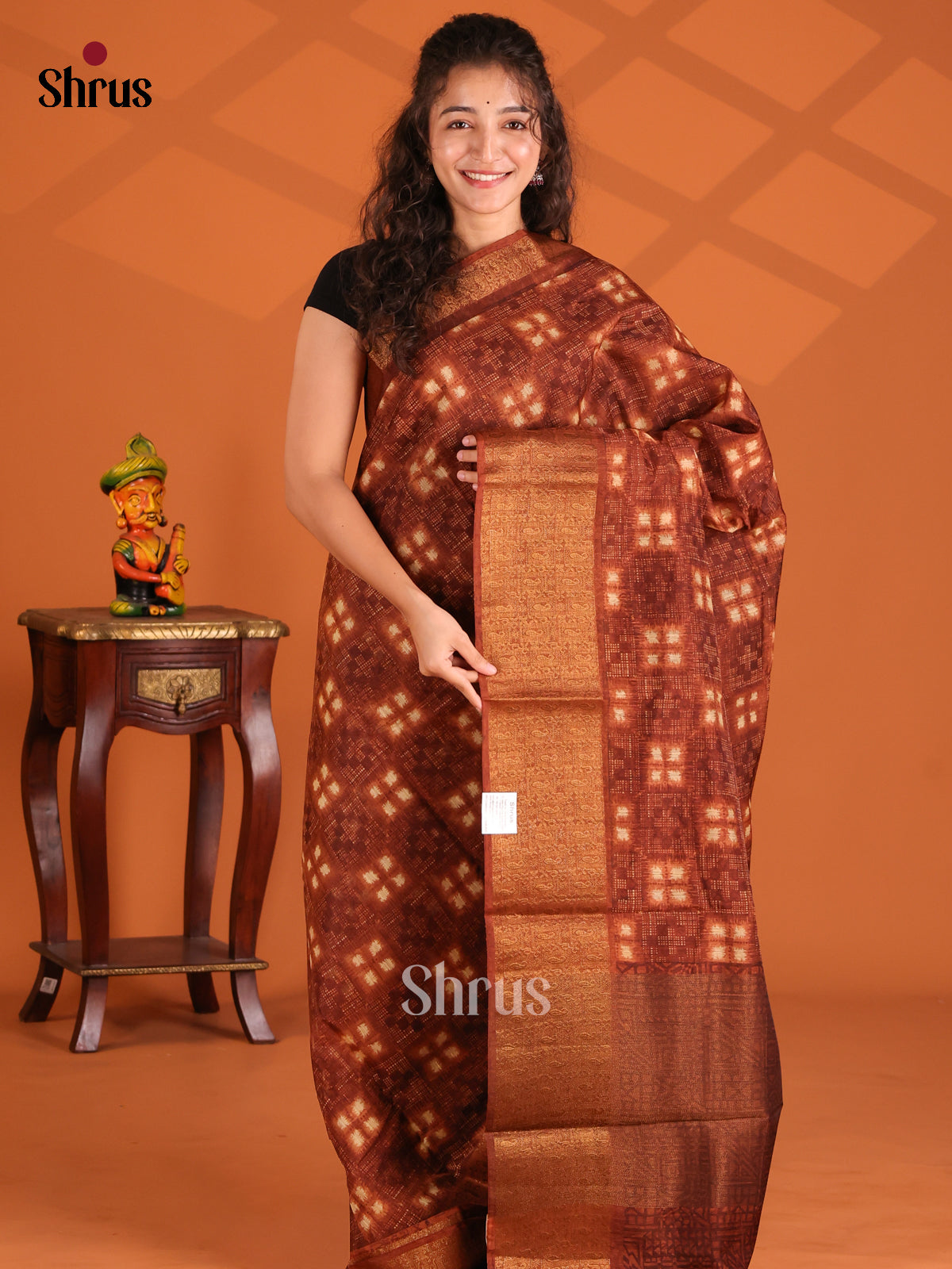 Brown - Semi Linen print Saree - Shop on Shrus.com