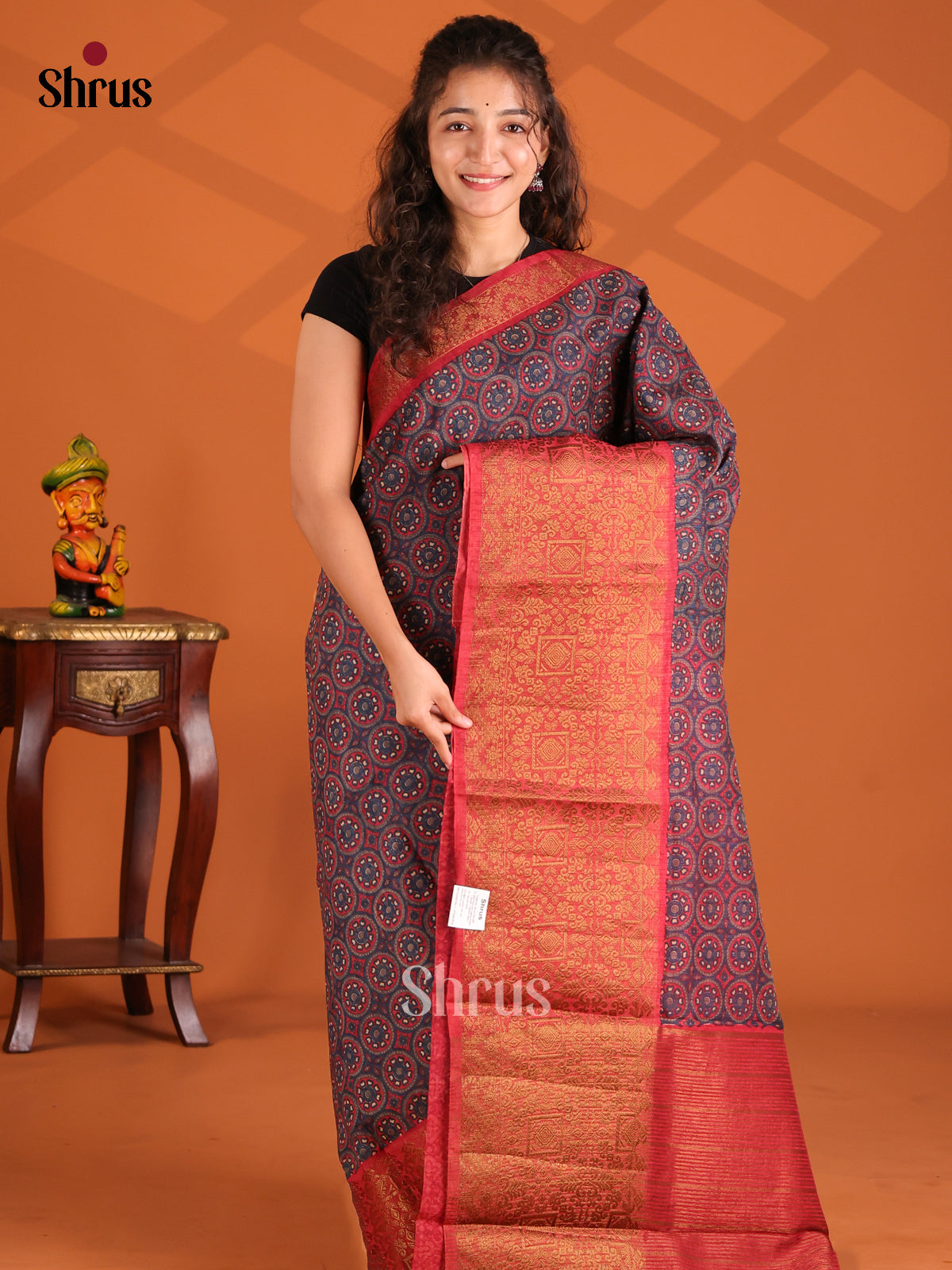 Blue & Red- Semi Linen printed Saree - Shop on Shrus.com