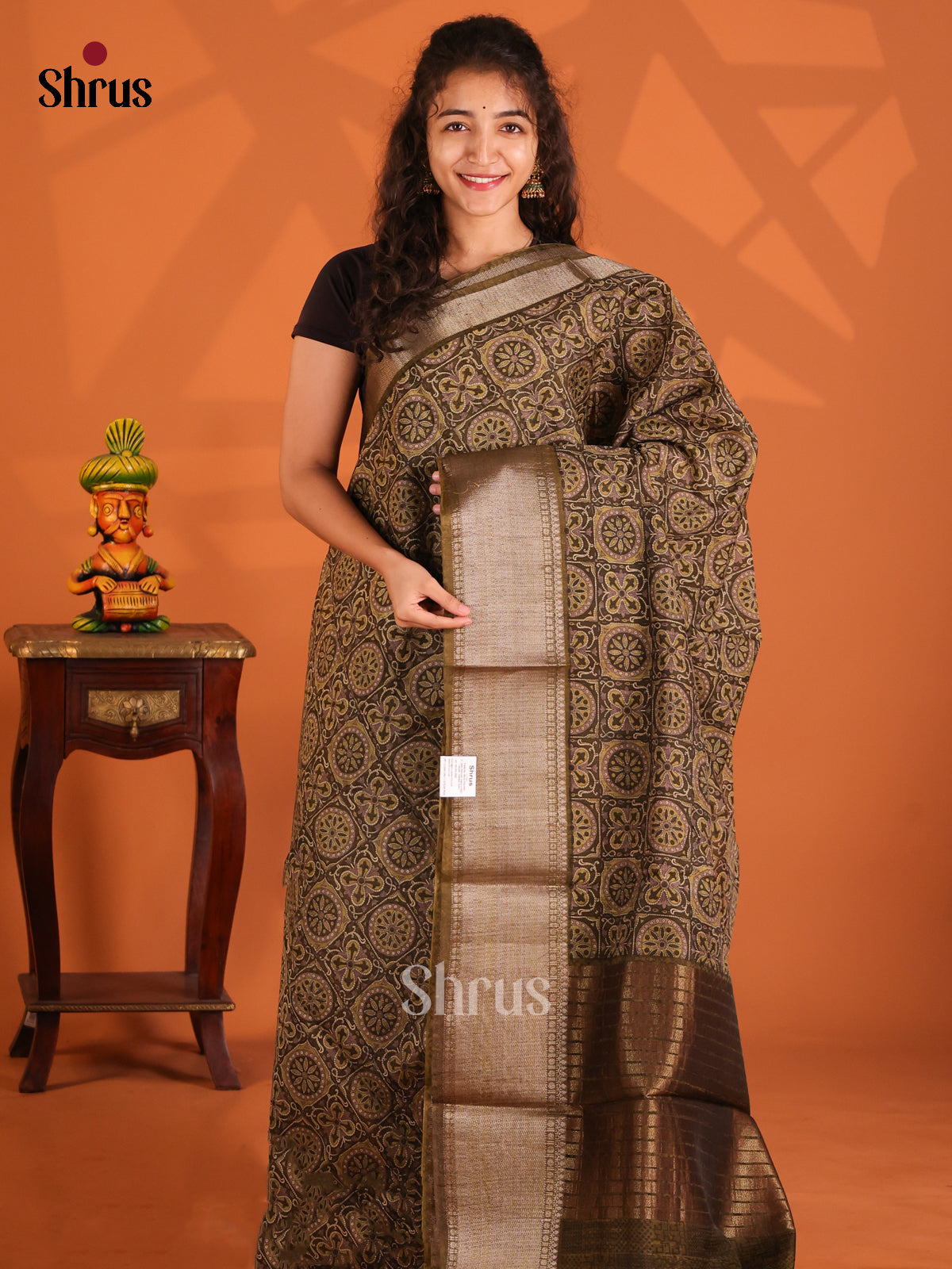 Mehandi Green - Semi Linen printed Saree - Shop on Shrus.com