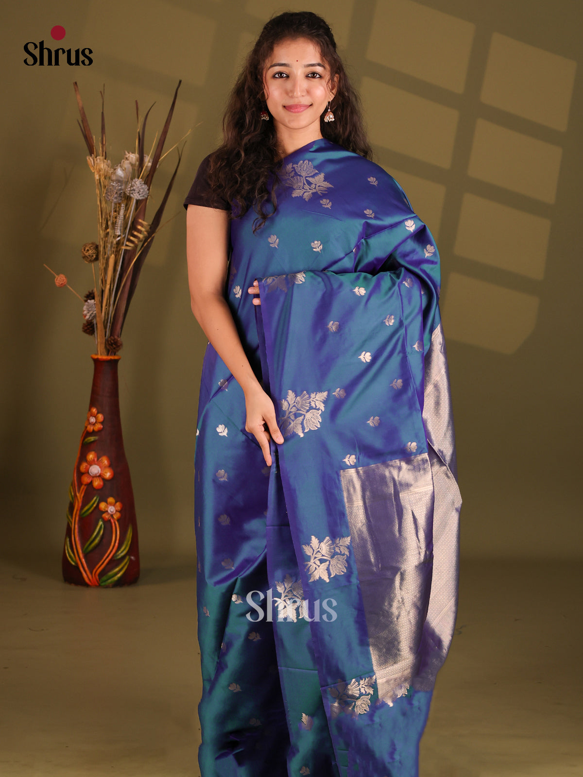 Peacock Blue- Semi Softsilk Saree - Shop on Shrus.com