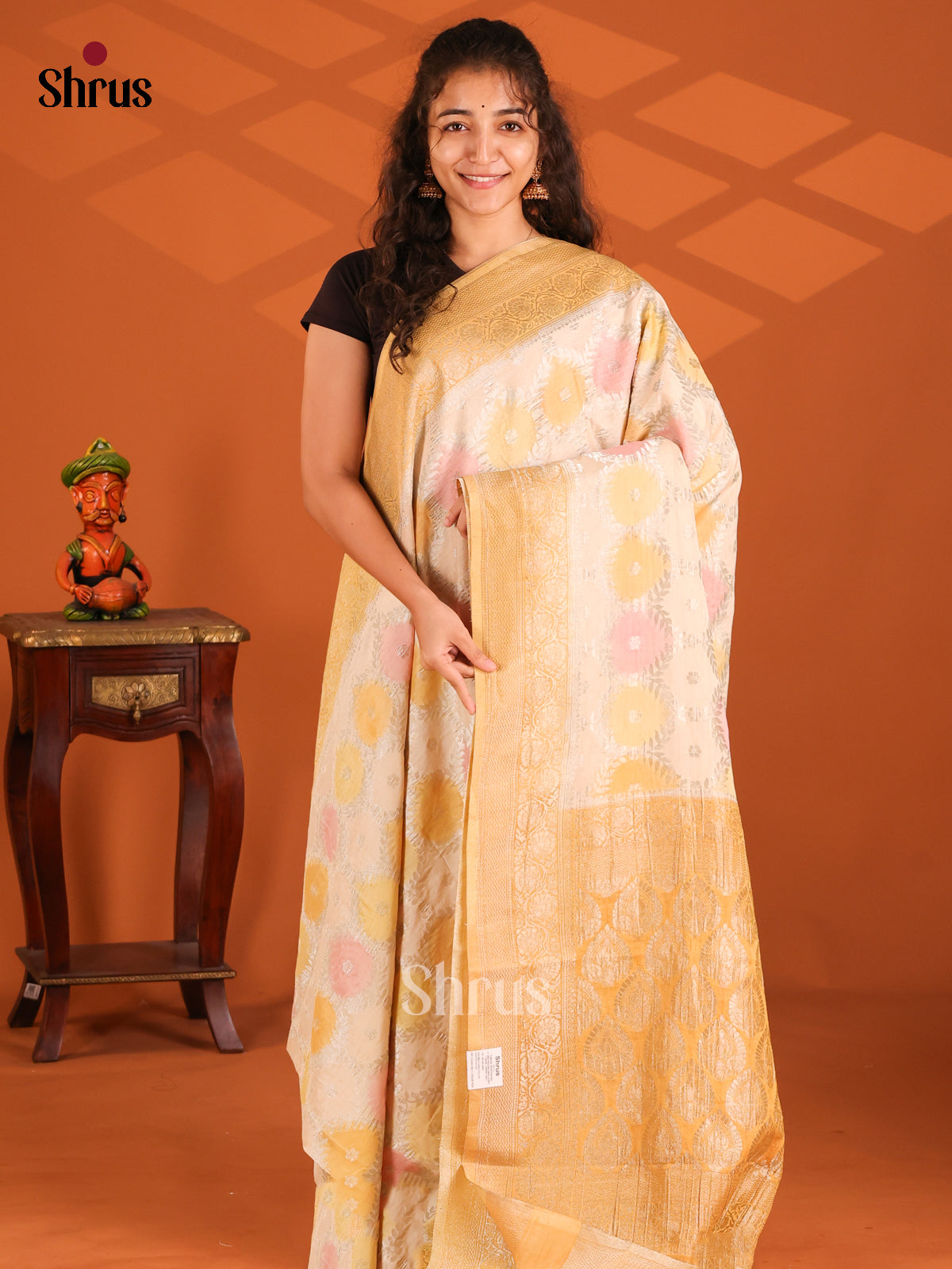 Cream & Mustard - Semi Georgette saree - Shop on Shrus.com