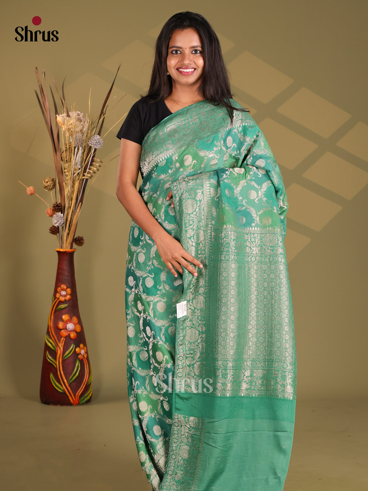 Green - Semi Georgette Saree - Shop on Shrus.com