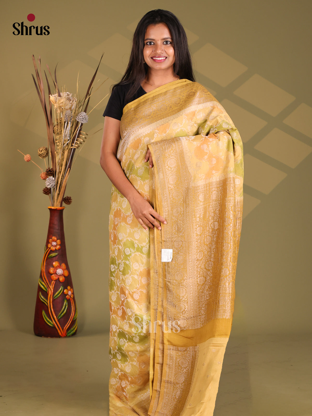 Beige & Green- Semi Georgette Saree - Shop on Shrus.com