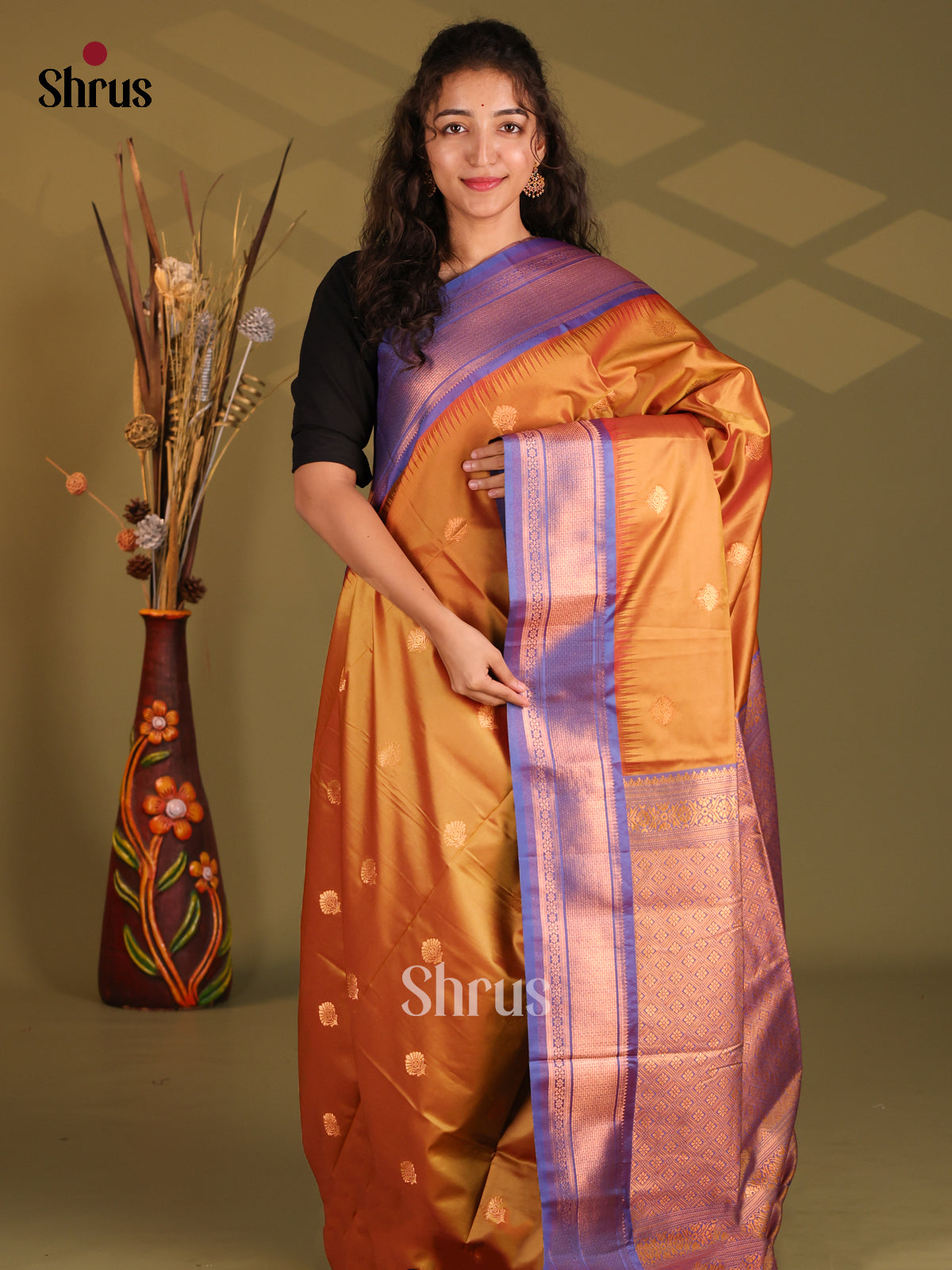 Dark Mustard &  Blue - Semi Softsilk Saree - Shop on Shrus.com