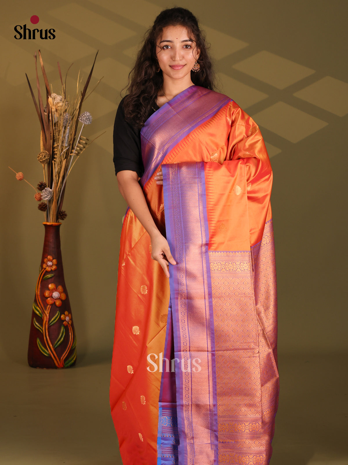 Orange & Purple - Semi Softsilk Saree - Shop on Shrus.com
