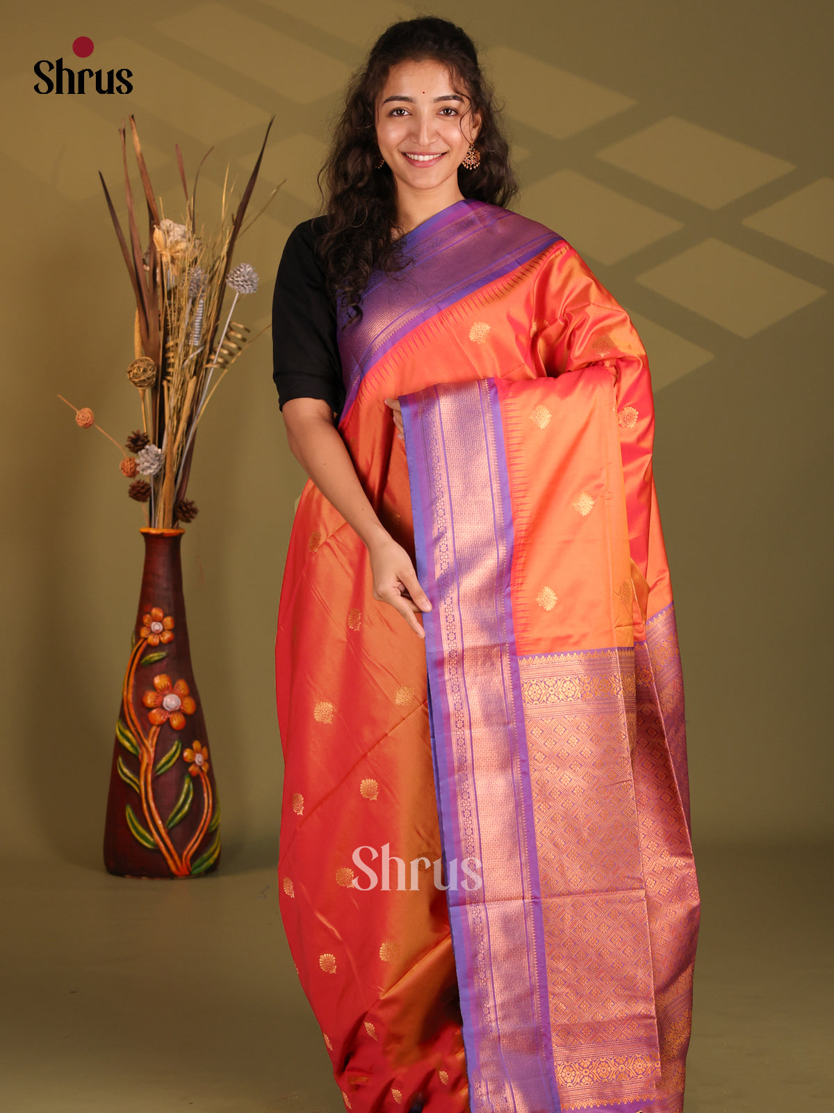 Orange & Purple - Semi Softsilk Saree - Shop on Shrus.com