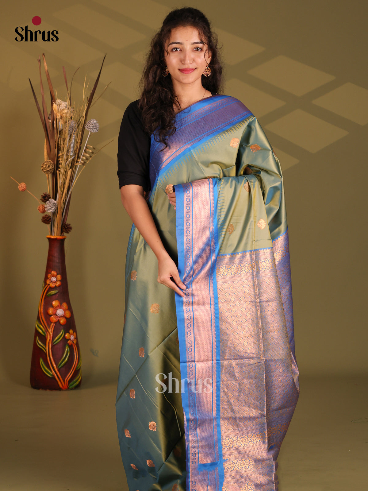 Green & Blue- Semi Softsilk Saree - Shop on Shrus.com