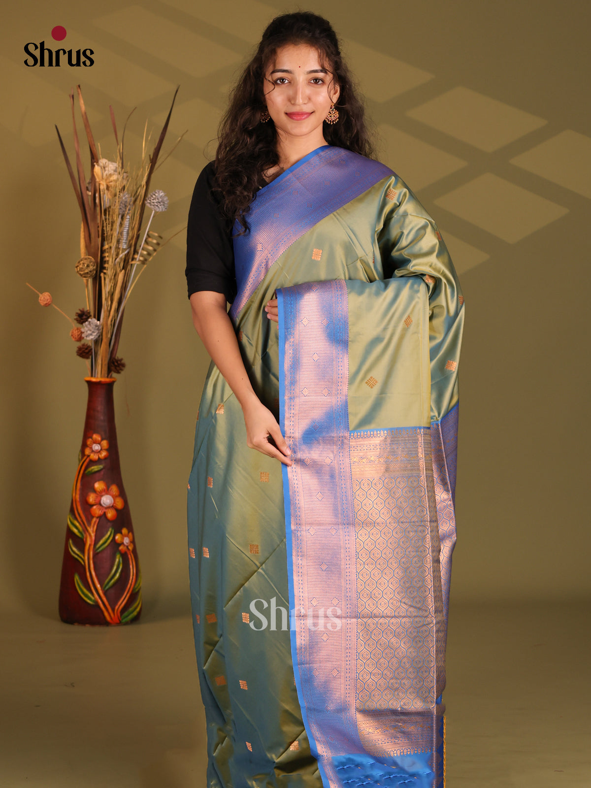 Green  & Blue - Semi Softsilk Saree - Shop on Shrus.com