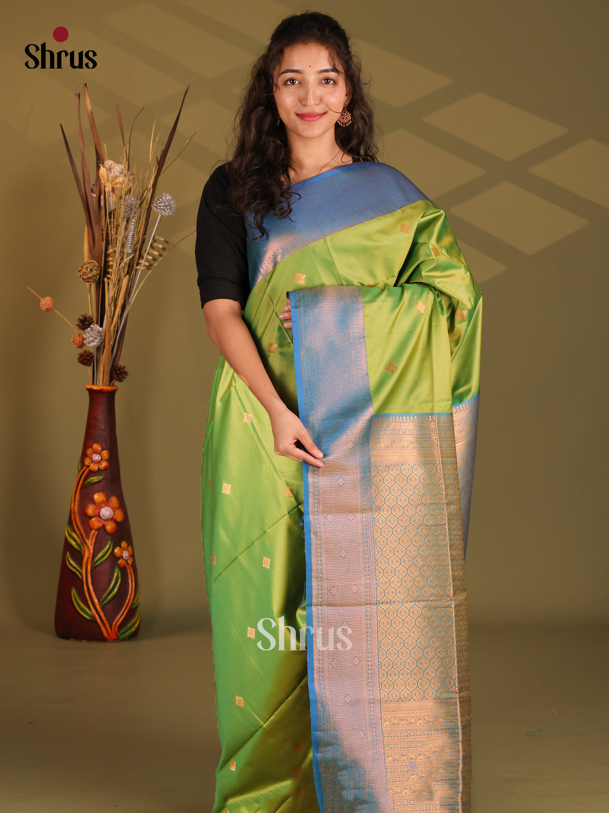 Green & Blue - Semi Softsilk Saree - Shop on Shrus.com