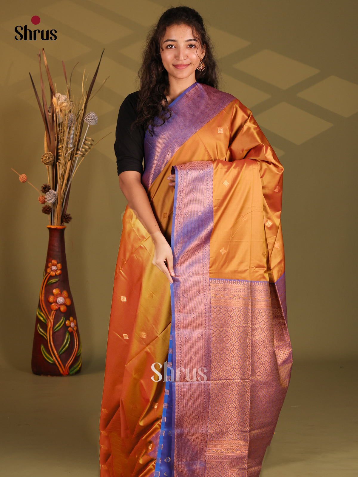 Orange & Blue - Semi Softsilk Saree - Shop on Shrus.com