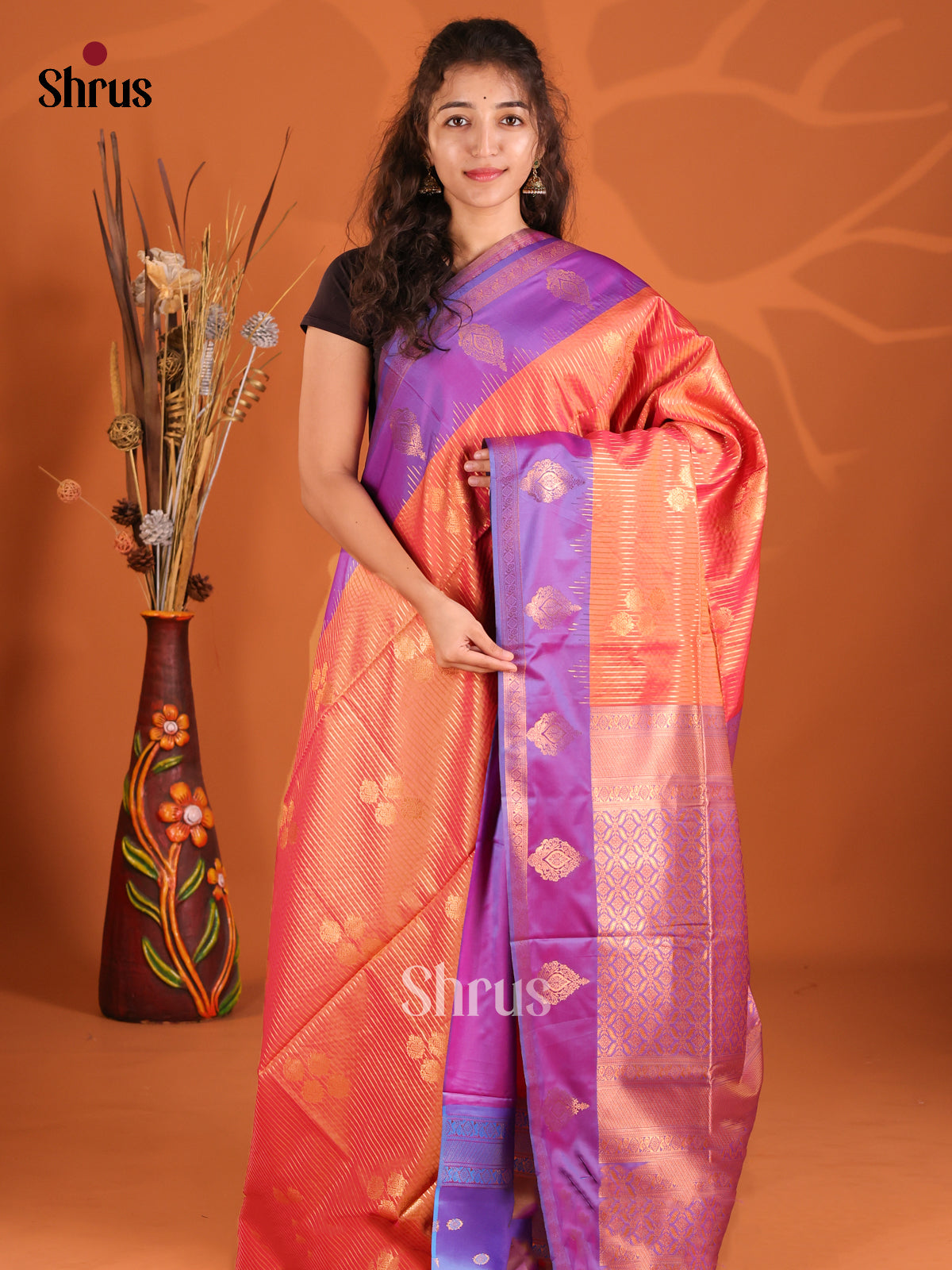 Orange & Purple- Semi Softsilk Saree - Shop on Shrus.com