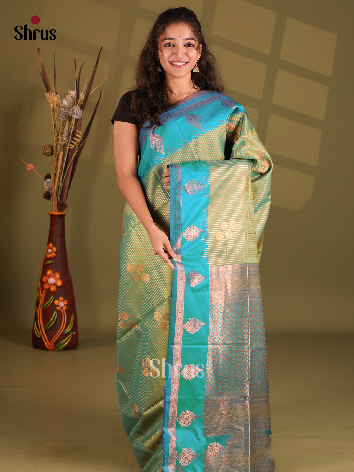 Green & Blue - Semi Softsilk Saree - Shop on Shrus.com