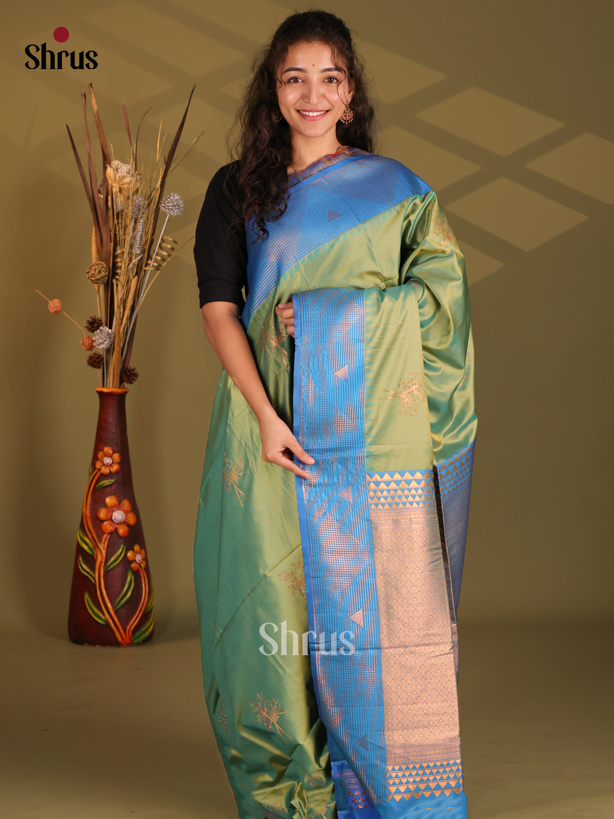 Green & Blue - Semi Softsilk Saree - Shop on Shrus.com