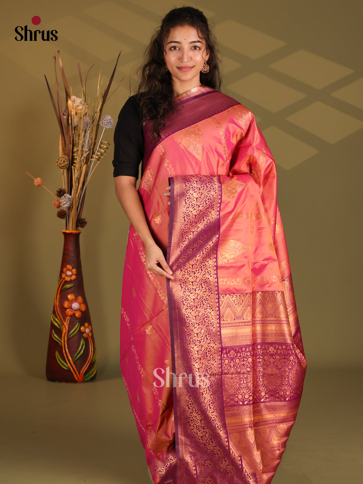 Orange & Purple - Semi Softsilk Saree - Shop on Shrus.com