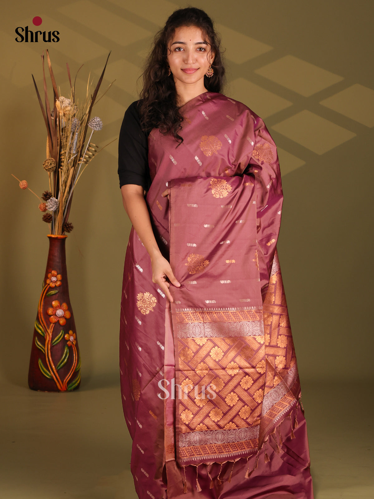 Maroon - Semi Softsilk Saree - Shop on Shrus.com