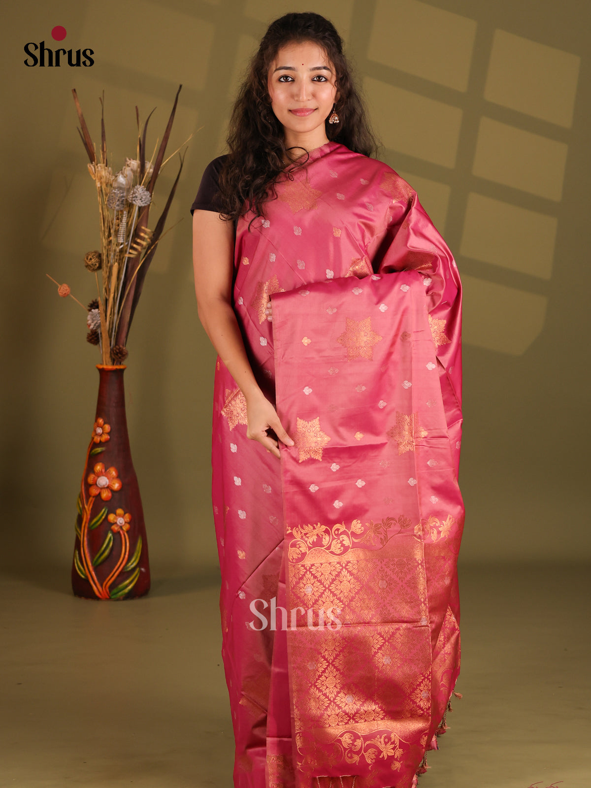 Maroon - Semi Softsilk Saree - Shop on Shrus.com