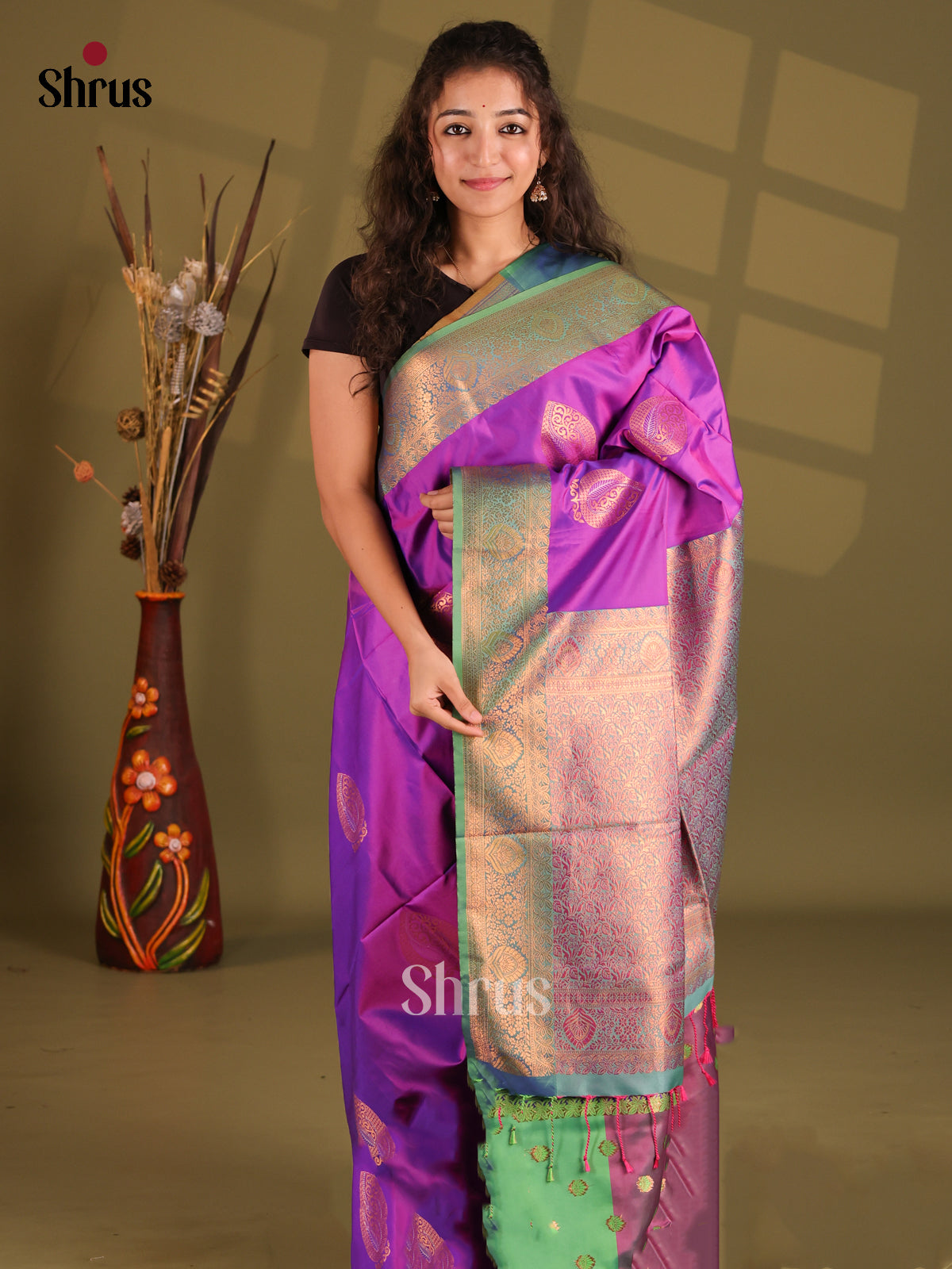 Purple & Green - Semi Softsilk Saree - Shop on Shrus.com