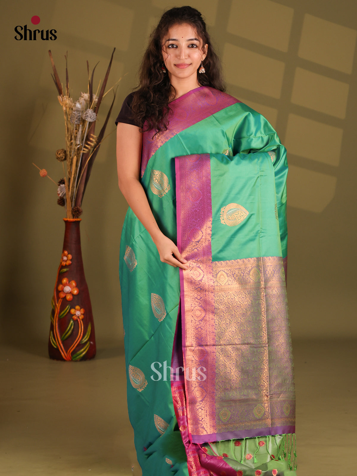 Green & Purple - Semi Softsilk Saree - Shop on Shrus.com