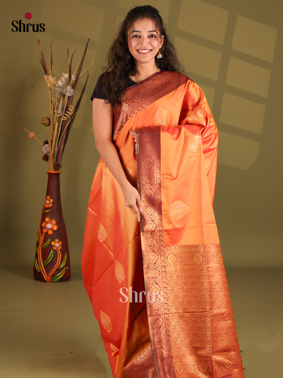 Orange & Arakku Maroon- Semi Softsilk Saree - Shop on Shrus.com
