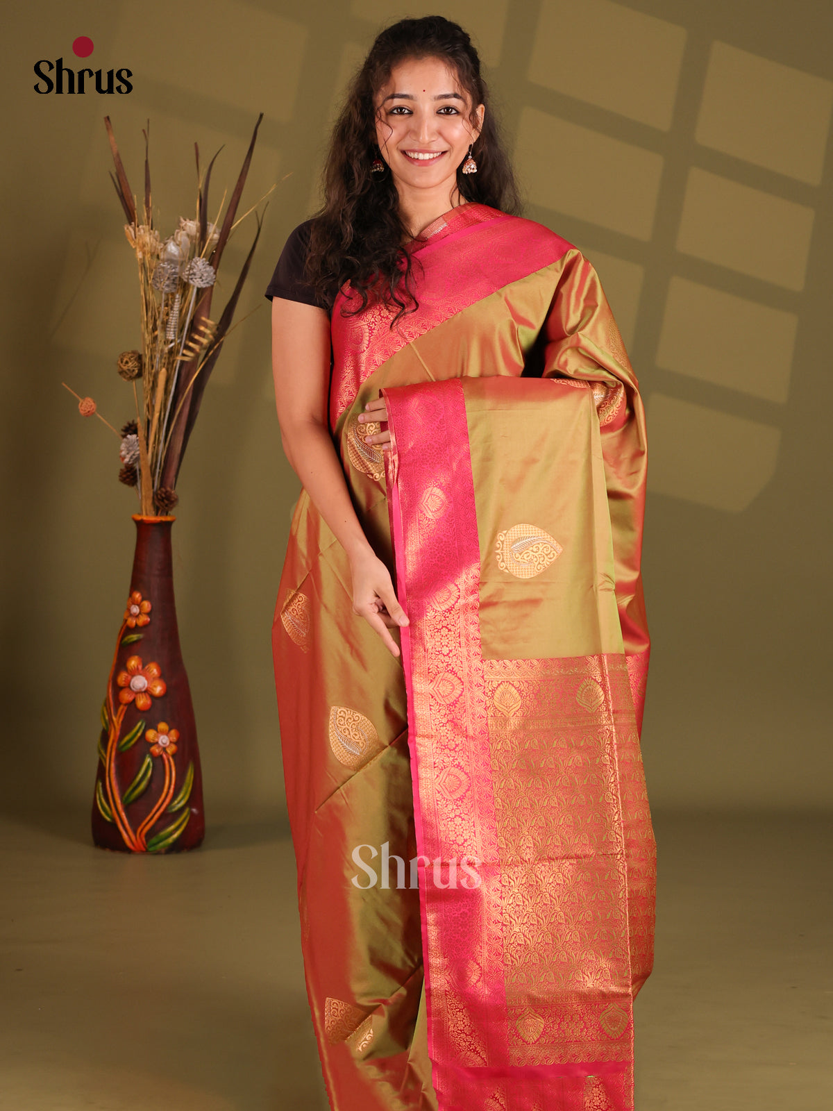 Double Shaded Green & Maroon - Semi Softsilk Saree - Shop on Shrus.com