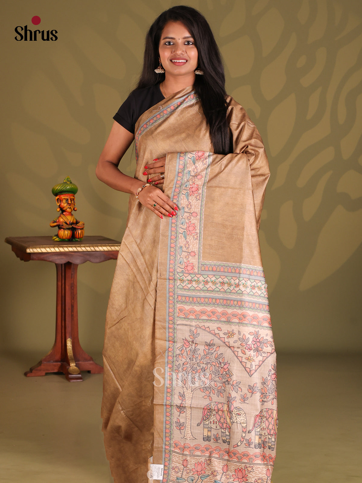 Beige & Cream- Printed Madhubani Saree - Shop on Shrus.com